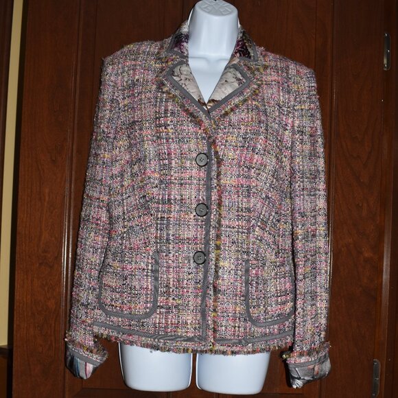 Basler Women’s Pink Gray Tweed Blazer Small-Medium Fun Vibrant Print Jacket - Picture 4 of 15
